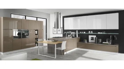 Cucina Moderna Carima con penisola finitura Tortora Scuro lucido e Bianco lucido di Evo Cucine