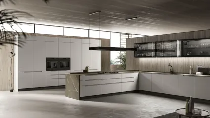 Cucina Moderna con penisola in laccato bianco opaco e top in HPL effetto marmo Traccia 01 di Febal Casa