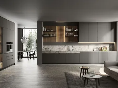 Cucina Moderna ad angolo in laccato opaco con top effetto marmo Traccia 02 di Febal Casa