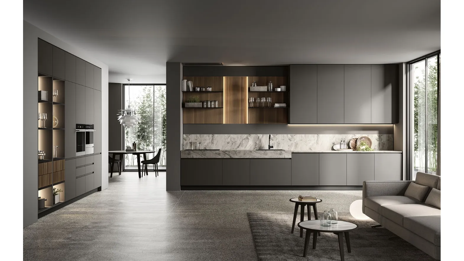 Cucina Moderna ad angolo in laccato opaco con top effetto marmo Traccia 02 di Febal Casa