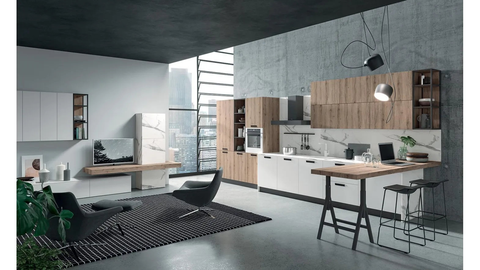 Cucina Moderna con penisola Zen 02 in laminato finitura Bianco assoluto e Rovere chiaro di Astra