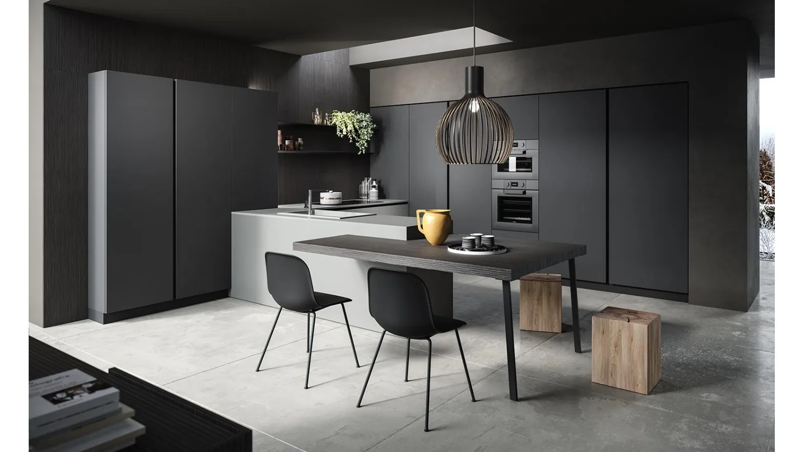 Cucina su misura con penisola Zen 03 in laminato finitura Canapa e Antracite di Astra