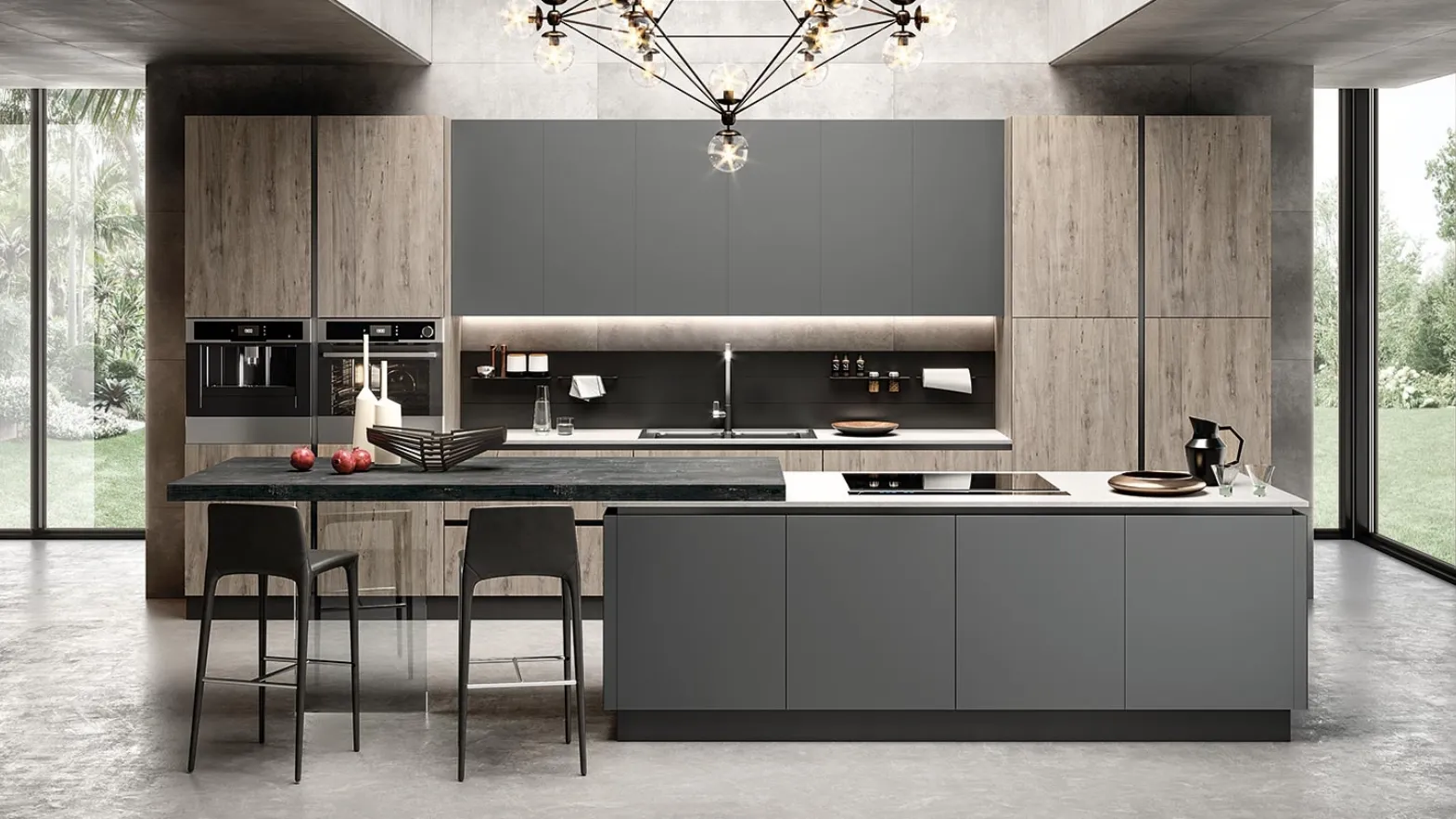 Cucina su misura con isola Eos in HPL Alevè Acero e Glass Grigio opaco di Evo Cucine