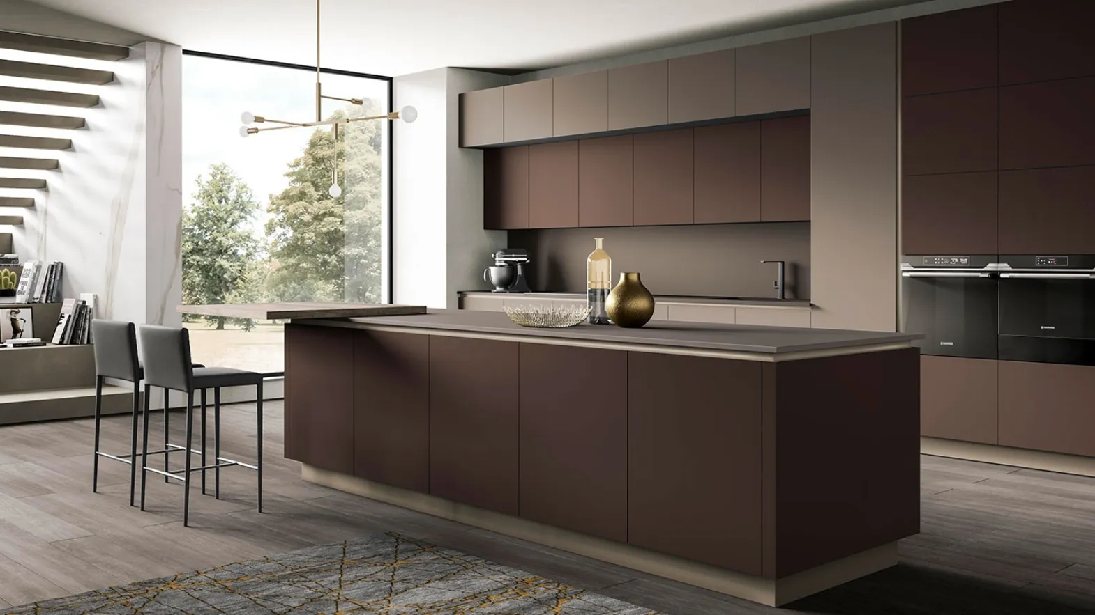 Cucina su misura con isola Eos in Glass Visone e Marrone di Evo Cucine