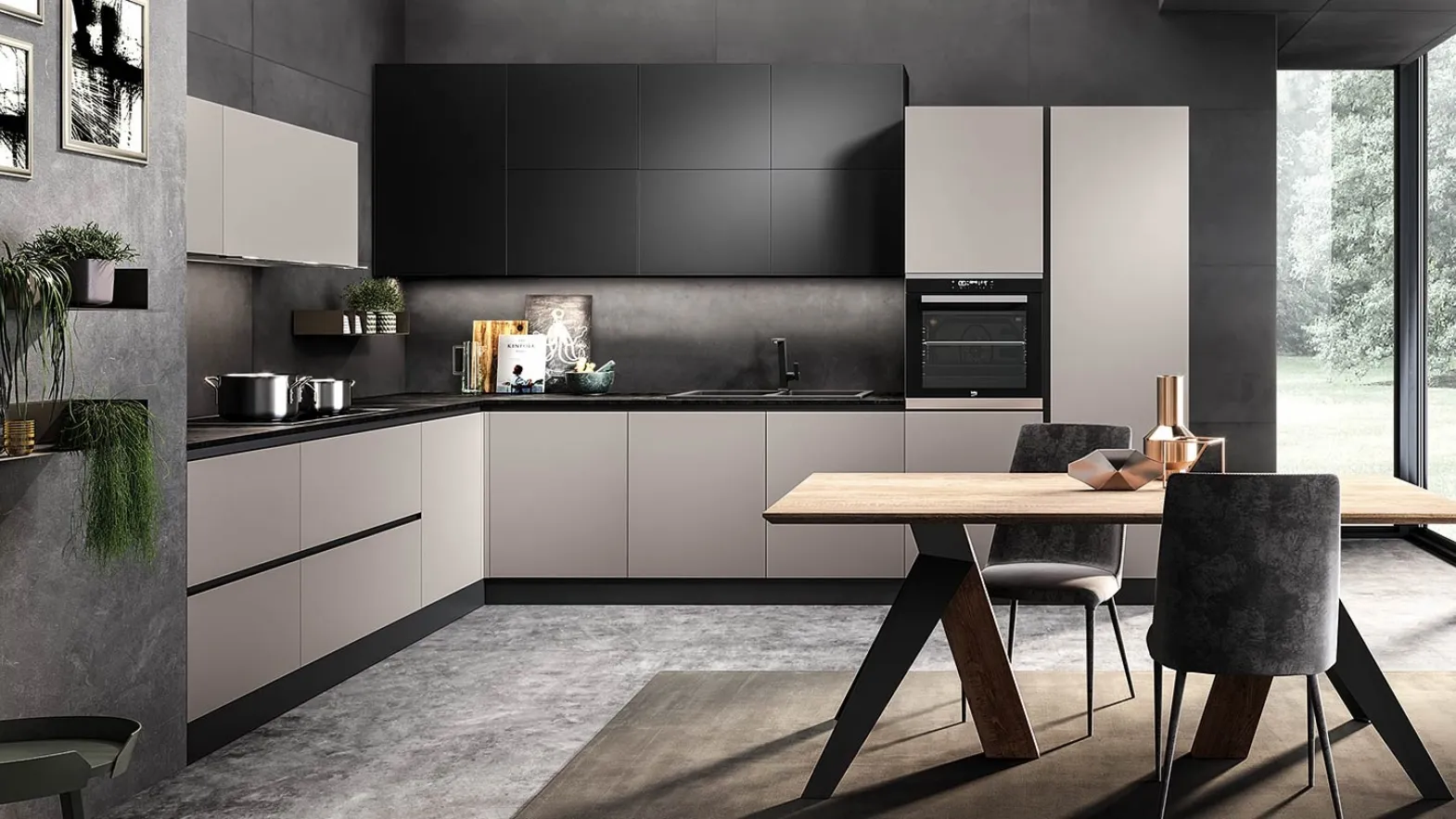 Cucina su misura Eos in Glass Visone opaco e Glass Nero opaco di Evo Cucine